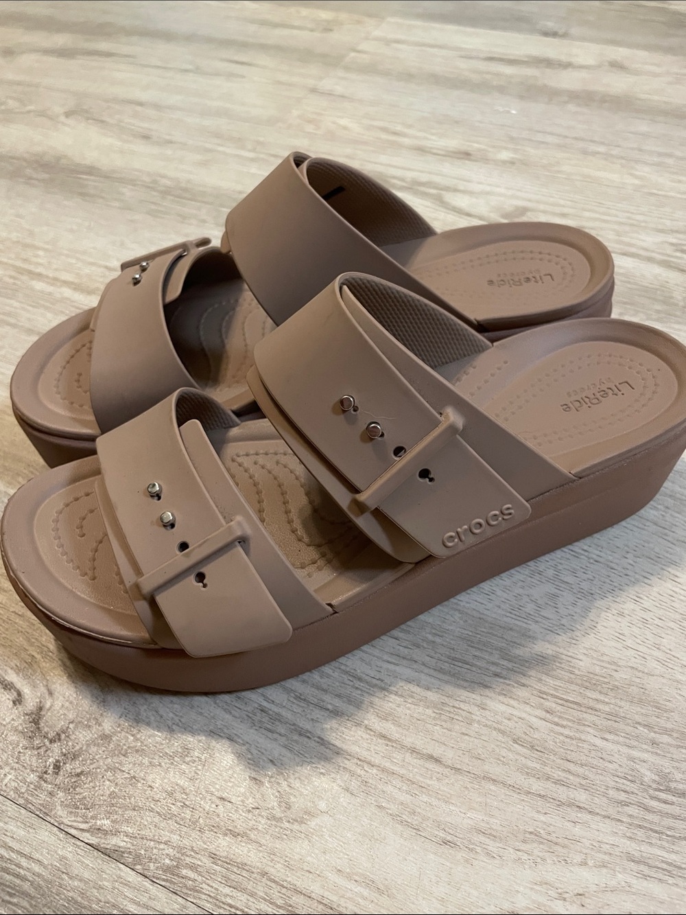 CROCS Women’s Double Strap Platform Slide Sandals in Taupe size 9
